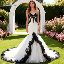 Black And White Wedding Dress Gothic Mermaid Lace Appliques Sweet Bridal Gowns