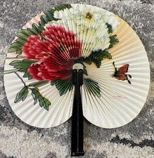 Vintage Chinese Pleated Paper Folding Fan Peony Butterfly Black Metal Handle