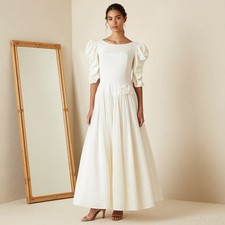Evening Maxi Gown Ivory Satin Ball Square Neck Puff Sleeve Zip Lined Glam M