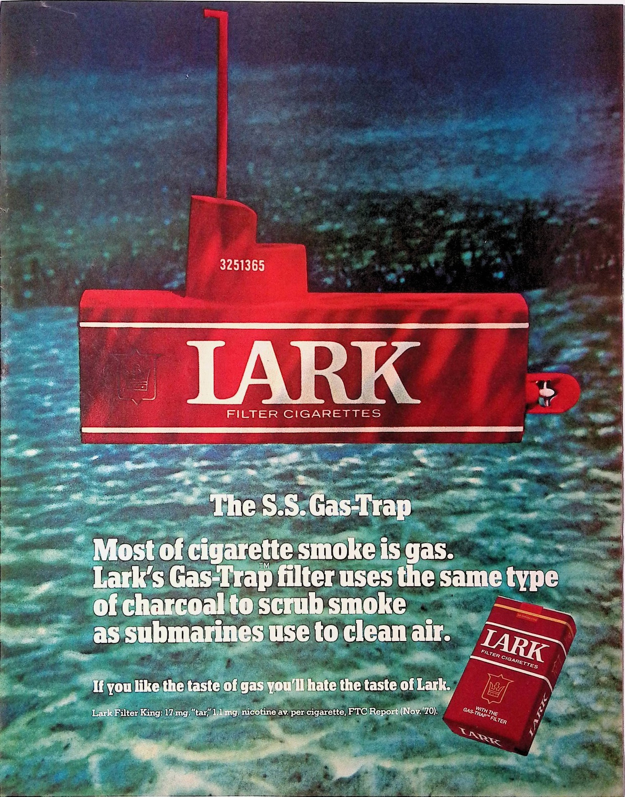 1971 Red Submarine Underwater Lark Filter Cigarettes Print Ad LIFE April 9