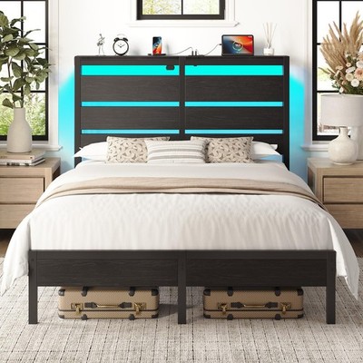 Queen Bed Frame with Lights and Charging Station, Wood Storage Headboard and ...