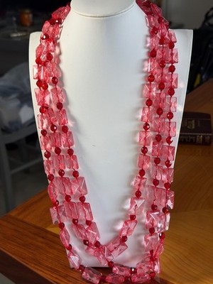 Vintage Pink & Ruby Red Lucite Acrylic Necklace 16  triple Strand statement