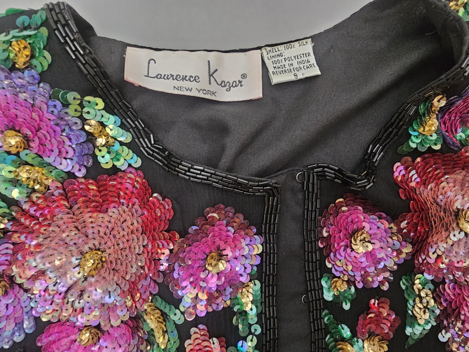 Lawrence Kazar Blac Beaded Sequined Jacket Blouse Small Floral Black Silk