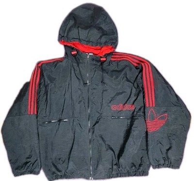 Vintage 90s Adidas Trefoil Logo Nylon Parka Jacket XL X Large Black RED