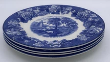 4 Vintage WOOD & SONS Woods English Scenery 9-inch Collectible Blue Plate