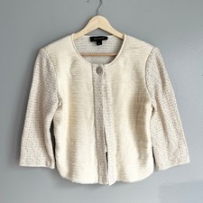 St John Cream Silk Wool Blend Jacket Tweed Knit Cardigan Cropped Size 6