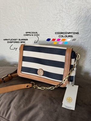 Tory Burch Navy/White Striped Crossbody Flap, Chain Strap, Magnetic, Pockets