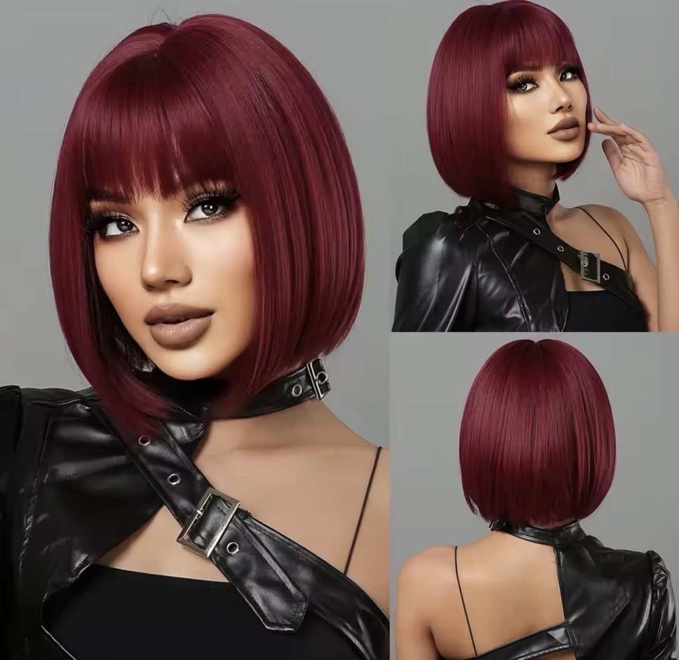 Wig femme courte rouge à frange : perruque synthétique 30cm aux cheveux lisses