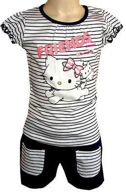   2 Tlg Charm Hello Kitty Blau Sommer Shorty Set Pyama Teiler Schlafanzug 86-128