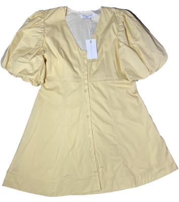 Endless Rose Mini Dress Women L Buff Yellow Puff Sleeve Button Cotton Soft Girl