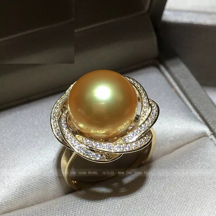 Gorgeous HUGE AAAA 12 13mm ROUND natural south sea Gold pearl ring
