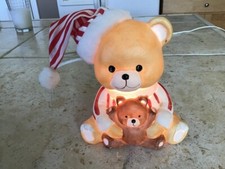 Ceramic Teddy Bear Red White Striped Bedtime Pajamas Night Light Lamp