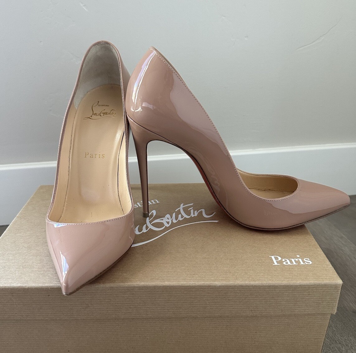 CHRISTIAN LOUBOUTIN PIGALLE NUDE 100 PATENT HEELS, SZ 37, MADE IN