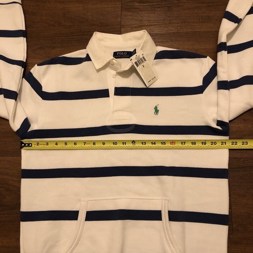 NUOVO Polo Ralph Lauren Felpa Rugby Pile Rigato Bianco Blu Uomo S Small - Foto 11 di 14