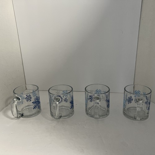 4 Vintage Libbey Mugs Winter Blue & White Snowflake Glass Coffee Tea Cocoa - Picture 3 of 7