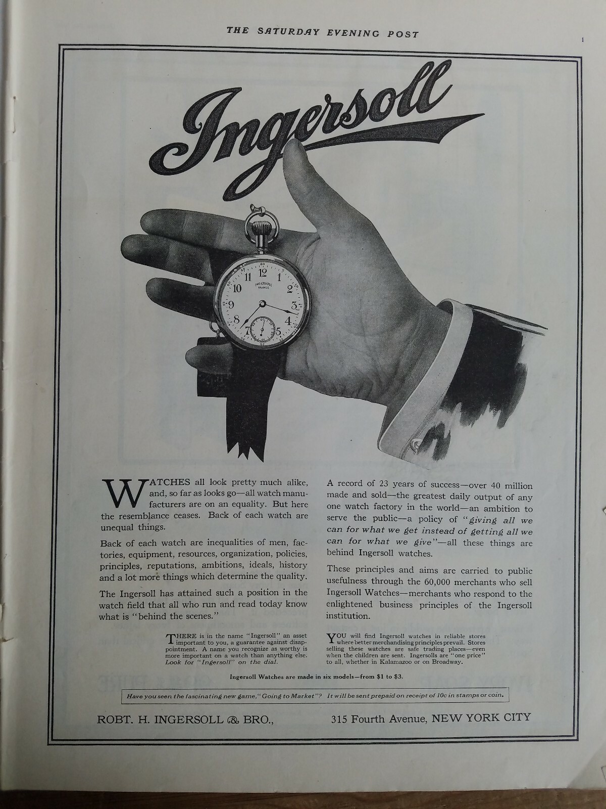 1915 Robt H. Ingersoll pocket watch vintage original ad