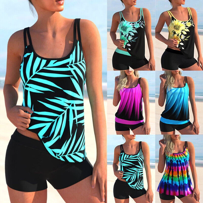 Womens Tankini Set Shorts Swimsuit Ladies Print Bathing Beach Swimming  Costume