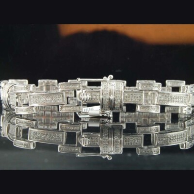 3 Ct Natural Moissanite 14K White Gold Plated Tennis Link Men's Bracelets 8.25''