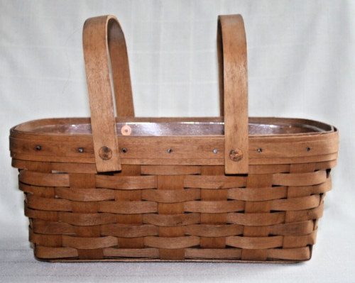LONGABERGER 1991 Medium CHORE BASKET w 2 SWING HANDLES & Protector ~12 x 8 x 5"