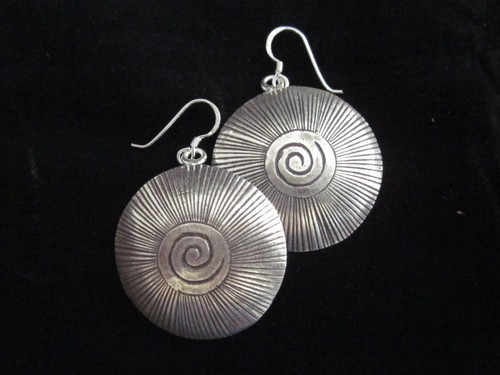 Fine Silver Earrings Sterling 925 Premium Scratch & Spiral Filigree Round Dangle - Picture 6 of 11