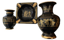SET Kinoys Handmade 24k gold Painted Rhodes Ceramic 2 x  Vase 1 x ashtray vgc