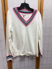 Talbots Women's Large Ivory V-Neck Cotton Blend Sweater Long Sleeve