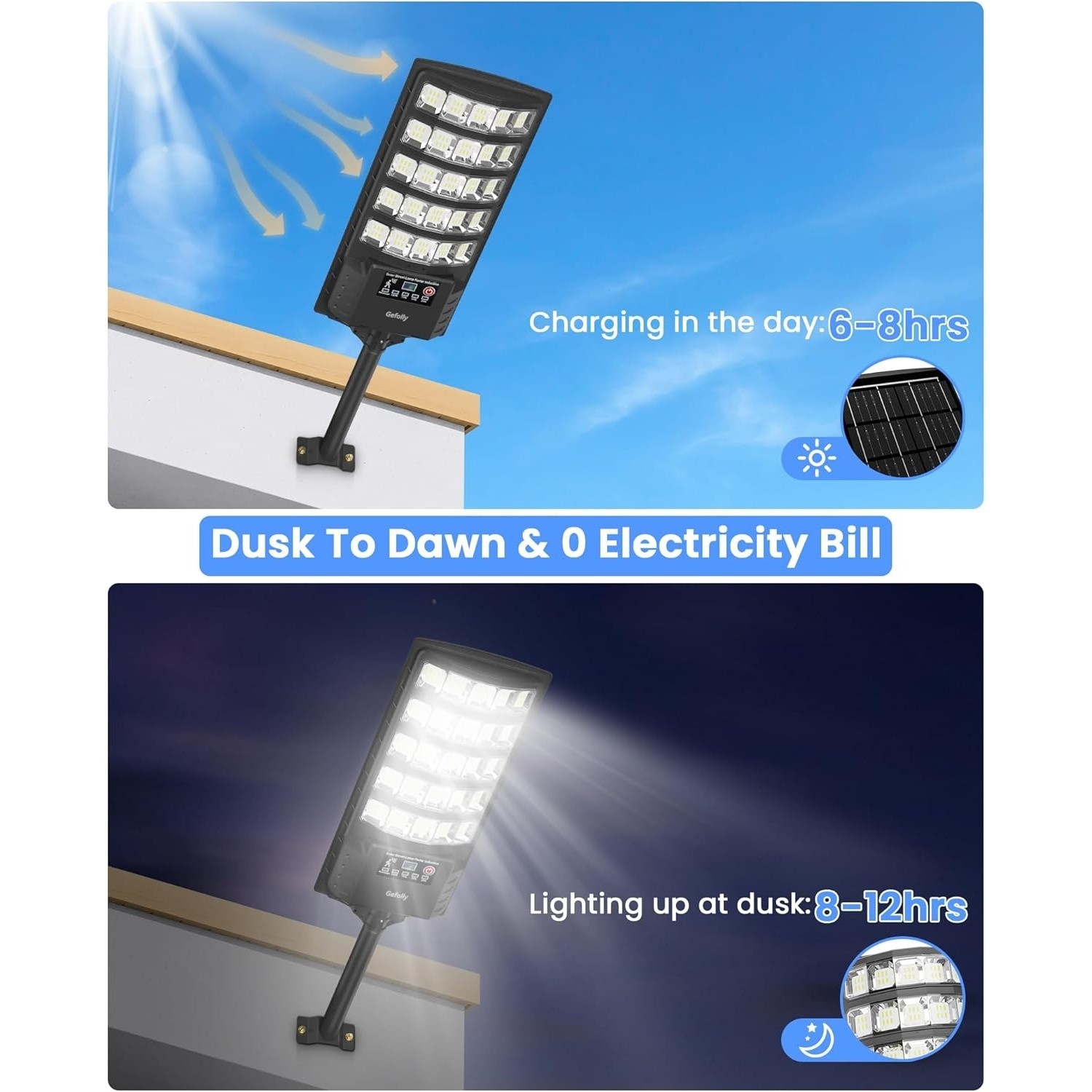 Gefolly Solar Street Light, 6500K LED, Motion Sensor, IP68 Outdoor Lamp