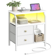 23 inch Wide Nightstand with Charging Station and LED Light, Night Stand with...