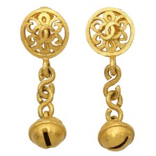 CHANEL Gold-tone Coco Mark Bell Drop Vintage Earrings Clip-on Excellent R2910