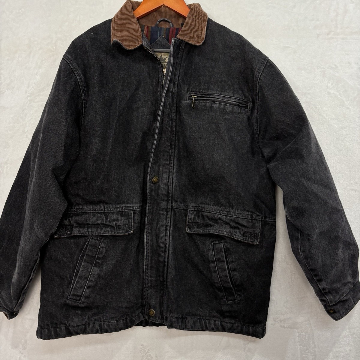 VTG Canyon Guide Jacket Mens M Plaid Blanket Lined Black Denim 90s