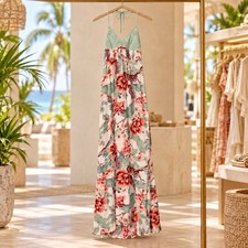 American Rag Long Beach Green Floral Crochet Halter Maxi Dress Small NWT Resort