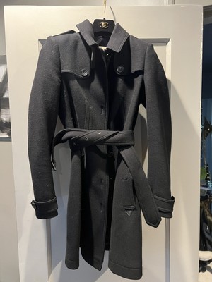 Burberry Brit Black Wool Cashmere Belted Trench Coat Leather Detail US 