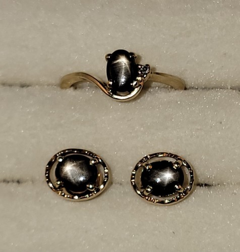 14K Gold Black Star Sapphire Ring & Earrings Set, Size 4, 3.79g