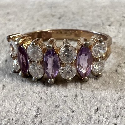 Vintage Ross Simons Amethyst & Cubic Zirconia Gilt Sterling SIlver Ring Size 7.5