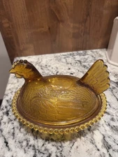Vintage Indiana Glass Hen on Nest HON Covered 7" Candy Dish Beaded Golden Amber