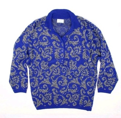 Benetton Womens Sweater Sz 48 Royal Blue Gray Paisley Knit Italy Polo Collar