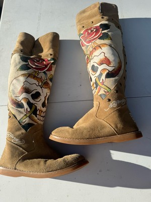 ED HARDY Knee High Suede Boots Size 7 Skulls & Roses | eBay