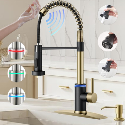 Brushed Gold Touch Sensor Kitchen Faucet with LED Temperature Control