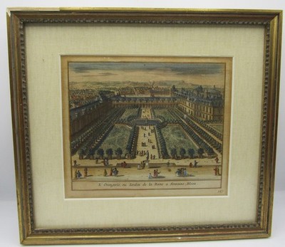 Framed antique 1726 hand tinted print L'Orangerie Fontaine-Bleau Queen s Garden