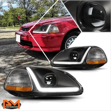 For 96-98 Honda Civic LED DRL Tube Projector Headlight/Lamp Amber Corner Black