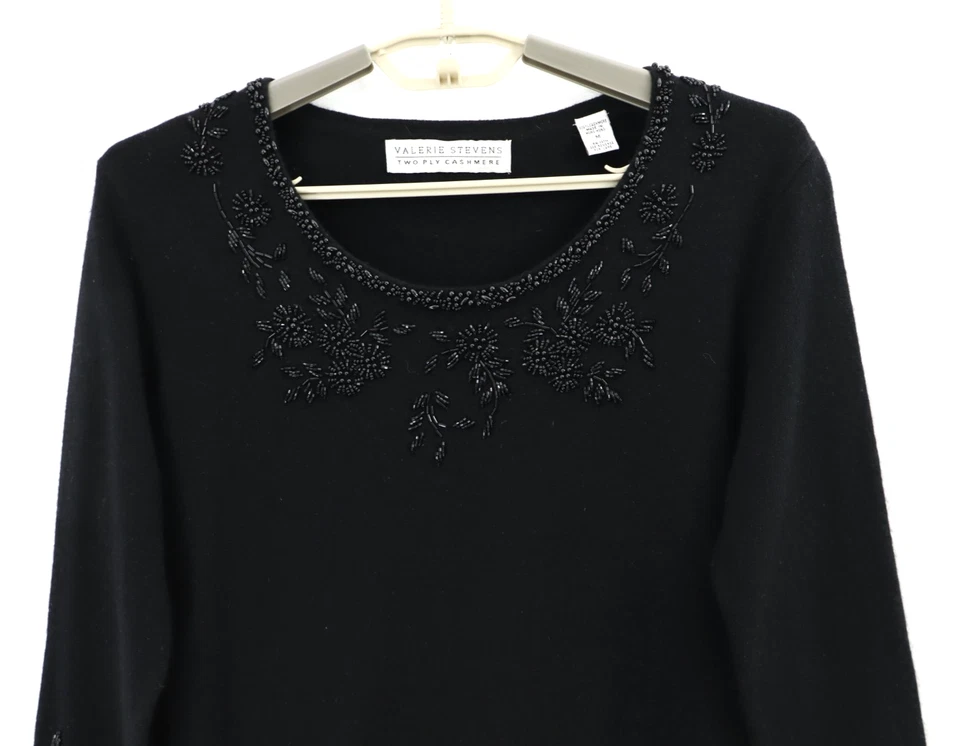 Suéter suéter de cachemir negro con cuentas VALERIE STEVENS para mujer manga 3/4 M Foto 3 de 4