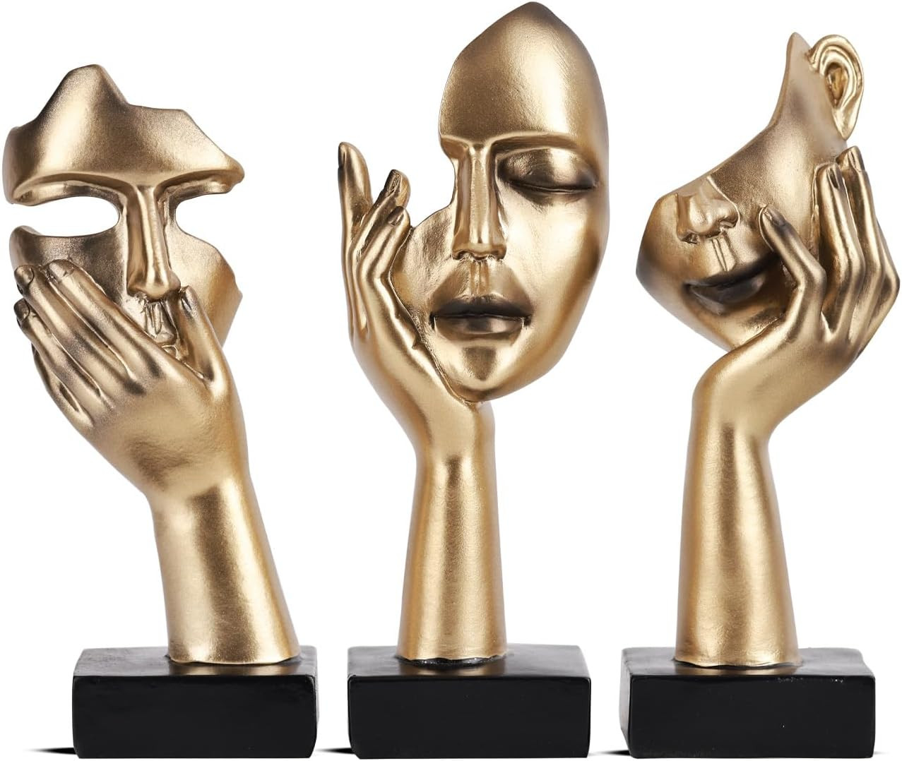 Lot de 3 statues de penseur objet déco design abstrait noir et or pour bureau et maison