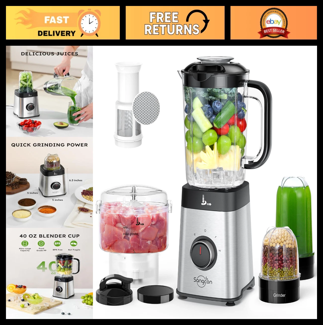 5-in-1 Kitchen Blender & Food Processor Combo, Smoothies, Meat Chopper, 40oz Jar