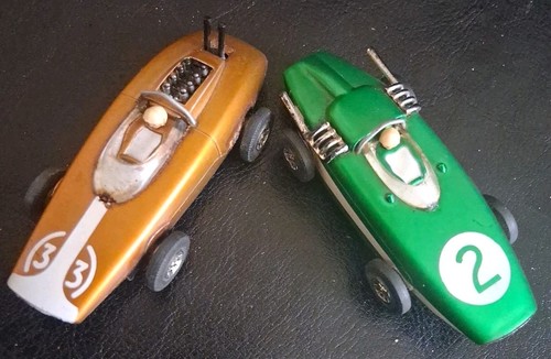 Vintage 1964 Tyco S Speedways HO Slot Car Lot of 2 - BRM Green #2 & Lotus Candy