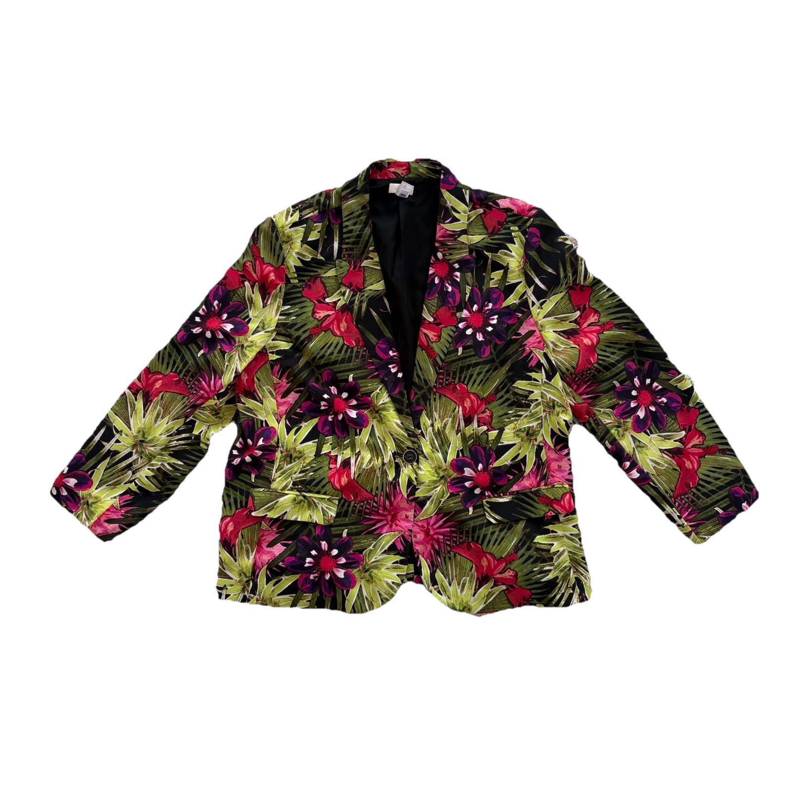 Chico’s Tropical Printed Floral Black Bright Flattering Jacket Blazer Size 3