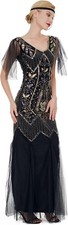 1920s Art Deco Sequin Maxi Dress Vintage Flapper Formal Dress Black Gold MEDIUM