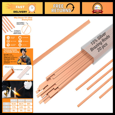 15% Silver Brazing Rods 20 Sticks Phos Copper Welding Alloys 0.050''x1/8''x10'' HVA