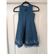 Janie and Jack Blue Floral Embroidered Sleeveless Dress Tulle Trim Mock Neck