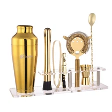 Gold Cocktail Shaker Set with Stand 7-Piece Mixology Bartender Kit Bar Tools
