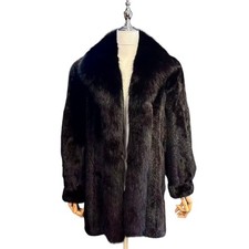 RARE VINTAGE SAGA MINK FUR COAT FOX FUR COLLAR BLACK VOLUMINOUS LUXURY STYLE JP